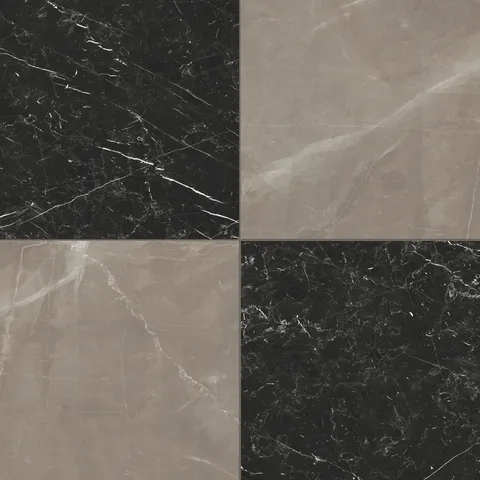 Leona Amani Bronze and Nero Marquina tile, 24x24 matte finish, combining rich brown and deep black marble-look with striking veining in a classic checkerboard style.