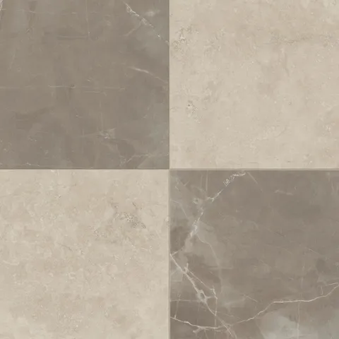 Leona Marfil and Amani Bronze Checkerboard 24x24 matte tiles, blending warm beige and rich brown tones for a natural elegance.