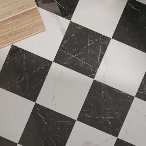 Leona 24 x 24 Checkerboard Polished Porcelain Tile in Calacatta and Nero Marquina