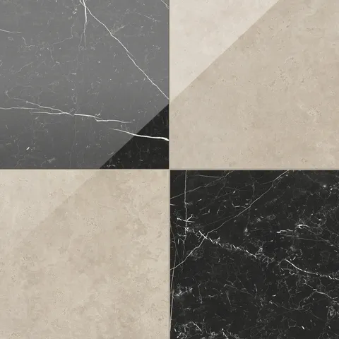 Leona Marfil and Nero Marquina tile, 24x24 gloss finish, offering a dynamic contrast of beige and black marble-inspired textures in a classic checkerboard layout.