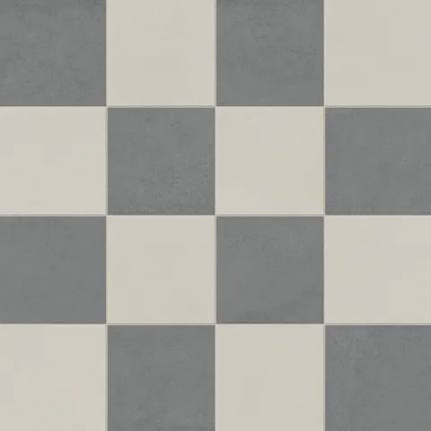 Palmer 12x12 checkerboard matte porcelain tile in white and grey, showcasing a classic alternating pattern.