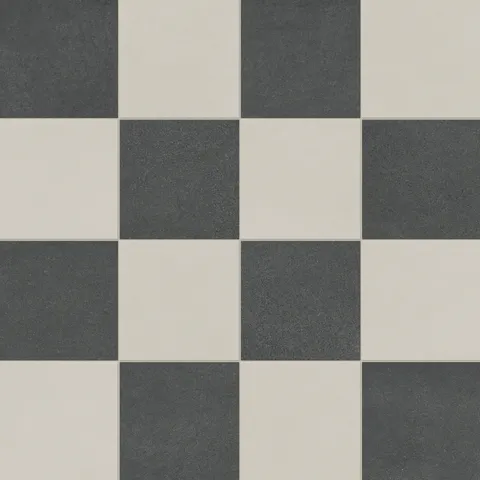 Palmer 12x12 checkerboard matte porcelain tile in white and nero black, featuring bold contrasts for timeless elegance.