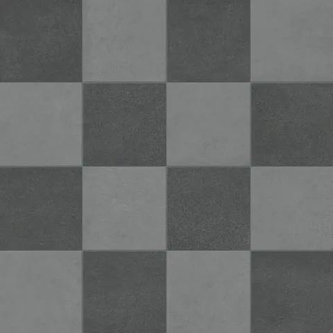 Palmer 12x12 checkerboard matte porcelain tile in soft grey and nero black, offering a sleek, dual-tone pattern for contemporary interiors.