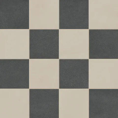 Palmer 12x12 checkerboard matte porcelain tile in natural beige and deep black, creating a bold yet balanced contrast.