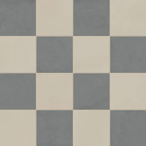 Palmer 12x12 checkerboard matte porcelain tile in natural beige and grey, combining warm and cool tones for a versatile, sophisticated style.
