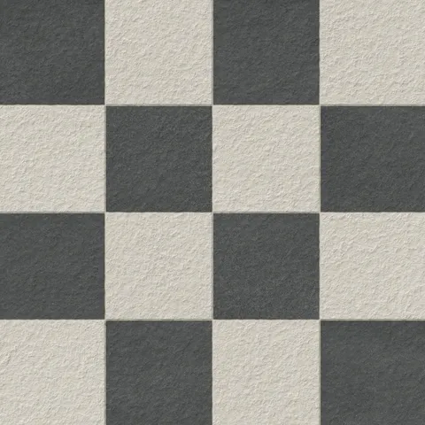 Palmer 12x12 checkerboard raw porcelain tile in white and nero black, designed for a classic monochromatic aesthetic with a textured finish.