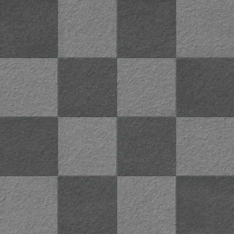 Palmer 12x12 checkerboard raw porcelain tile in grey and nero black, featuring a rugged texture for bold, modern interiors.