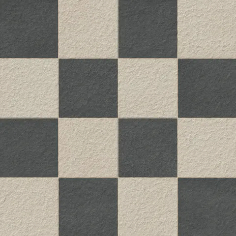 Palmer 12x12 checkerboard raw porcelain tile in natural beige and nero black, featuring a bold and textured pattern for dynamic interior and exterior designs.