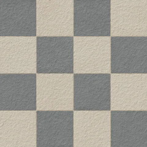 Palmer 12x12 checkerboard raw porcelain tile in natural beige and grey, offering a refined contrast and textured surface for timeless designs.