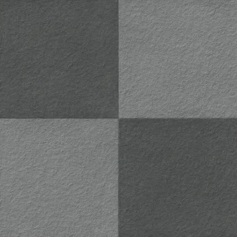 Palmer 24x24 checkerboard raw porcelain tile in grey and nero black, featuring a textured two-tone design for a bold and timeless flooring look.