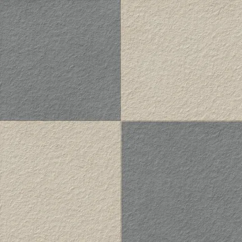 Palmer 24x24 checkerboard raw porcelain tile in natural beige and grey, showcasing a textured surface and classic dual-tone pattern.