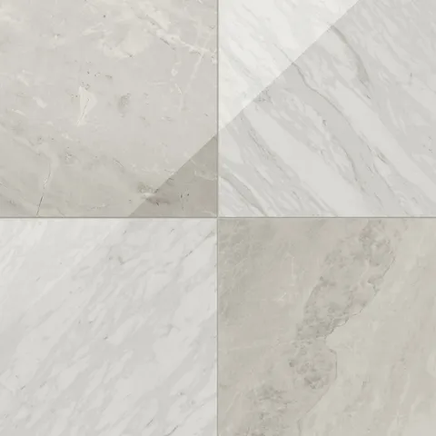 Blair 24x24 polished porcelain tile in Volakas white and Oniciata beige, offering a soft, elegant checkerboard look.