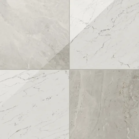 Blair 24x24 polished porcelain tile in Oniciata beige and white Carrara, with a soft marble checkerboard effect.