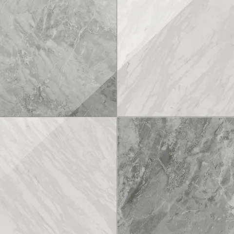 Blair 24x24 polished porcelain tile in Oniciata grey and Volakas white, showcasing a sleek marble checkerboard pattern.