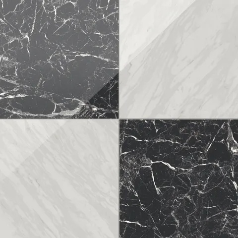 Blair 24x24 polished porcelain tile in Marmo black and Volakas white, featuring a dramatic marble checkerboard style.