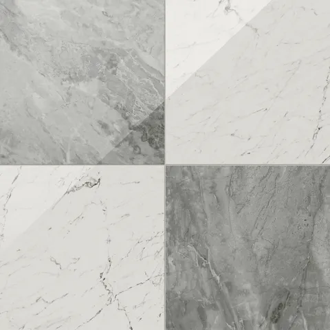 Blair 24x24 polished porcelain tile in white Carrara and oniciata grey, with a luxe marble checkerboard effect.