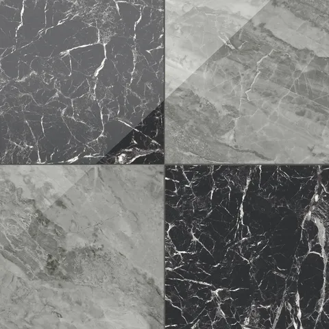 Blair 24x24 polished porcelain tile in smoky oniciata grey and rich mamo black, with a striking checkerboard look.
