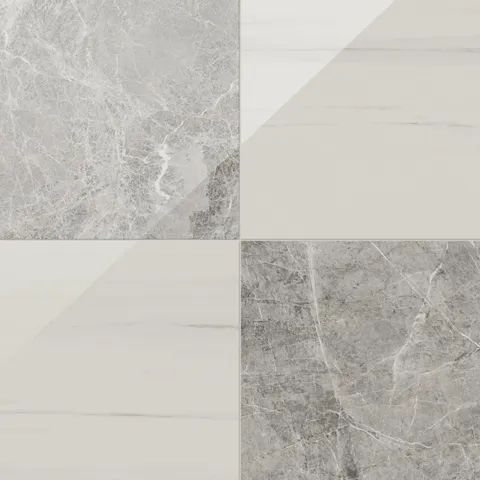 Chantel 24x24 polished porcelain tile in white dolomite and gray imperial marble, with a luxe checkerboard finish.