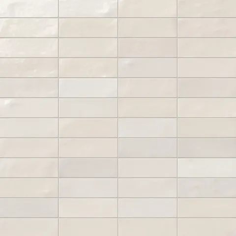 Jojo subway tile in Ivory arranged in a horizontal stacked layout, highlighting its glossy finish and contemporary style