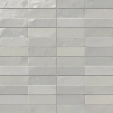 A 2x6.3 ceramic subway tile in light gray, featuring a glossy finish, and a clean stacked layout with fine grout lines.