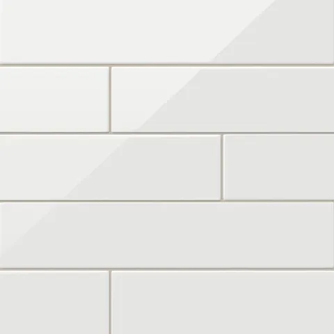 A 4x21 ceramic subway tile in white, featuring a glossy finish and staggered brick layout with fine grout lines.