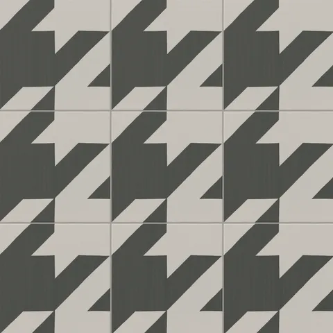 An 8x8 matte porcelain decorative tile featuring a bold houndstooth pattern in dark and light gray, creating a dynamic, oversized geometric layout.