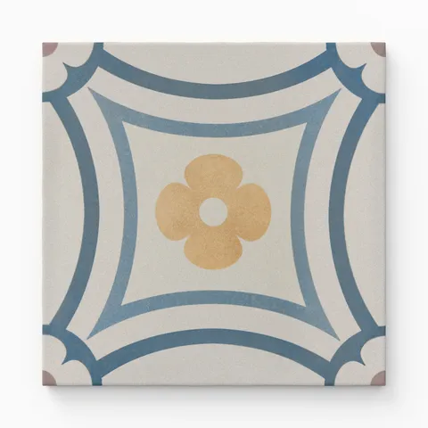 An 8x8 matte porcelain decorative tile with a vintage-inspired design, featuring a golden quatrefoil flower framed by curved blue lines and scalloped corner details.