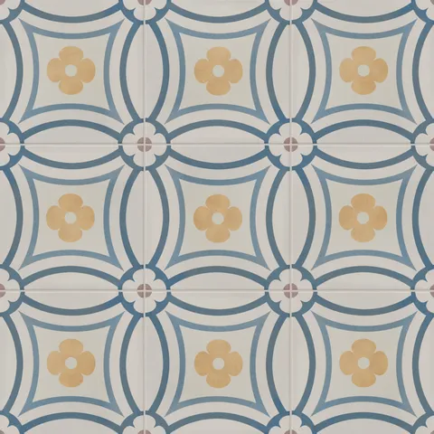 An 8x8 matte porcelain decorative tile featuring patterned golden quatrefoil flowers framed by layered blue arches and soft scalloped corners.