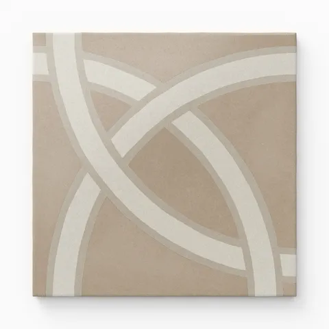 An 8x8 matte porcelain decorative tile in taupe, featuring overlapping off-white arcs in a fluid, interlaced pattern that blends modern geometry with soft neutral tones.