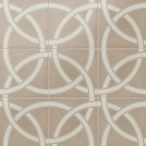An 8x8 matte porcelain decorative tile in taupe, featuring an interlaced off-white ribbon pattern that creates a fluid, overlapping loop design across the surface.