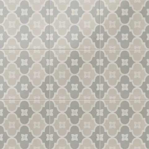 An 8x8 matte porcelain decorative tile featuring a seamless pattern of taupe and green ogee shapes with off-white outlines and centered four-petal floral accents.