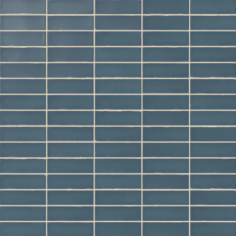 Matte finish blue ceramic subway tiles, sized 1.6x5 inches, arranged in a horizontal straight lay pattern with white grout.