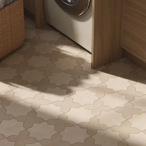 Isabel 11 x 11 Matte Porcelain Tile Star in Frosted Linen and Cross in Almond Mist