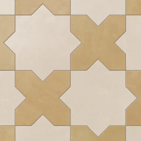 Inspired by historic patternwork, our Isabel 11x11 Matte Porcelain Tile Star and Cross in Cream and Daffodil blends earthy beige and sun-washed yellow tones with a matte finish for a handcrafted look suited to rustic homes.