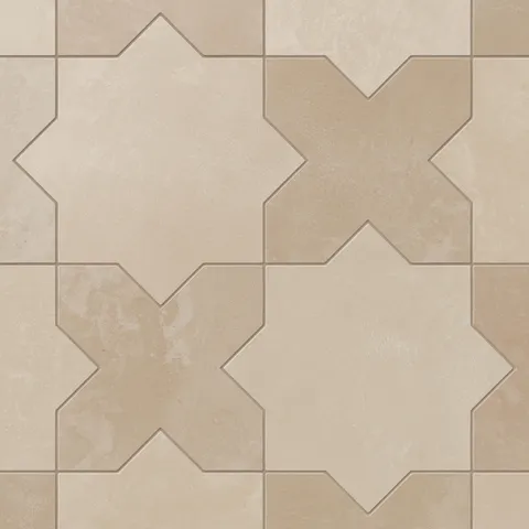 Inspired by historic patternwork, our Isabel 11x11 Matte Porcelain Tile Star and Cross in Bone and Sand blends warm beige and sandy brown shades with a matte finish for a handcrafted patina look.