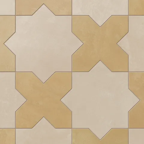 Our Isabel 11x11 Matte Porcelain Tile Star in Bone and Cross in Daffodil features warm beige and yellow-orange tones with a powdery matte finish for a sun-washed heritage look.