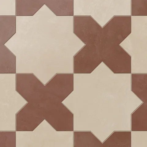 Isabel 11x11 matte porcelain star and cross pattern in Bone and Rust, showing warm beige and red colors with a cement-plaster look and a gently matte, powdery finish.