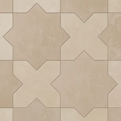 Light brown star forms pair easily with warm beige crosses on this porcelain tile, finished with a soft matte glaze and subtle cement-plaster texture that feels organic and gently time-worn.