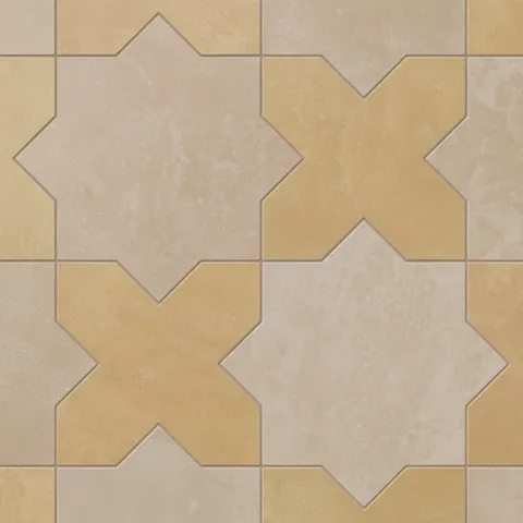 Alternating star and cross shapes appear in earth-drawn hues of light brown and yellow-orange, with a matte porcelain finish, subtle cement-plaster texture, and a softly aged terracotta look.