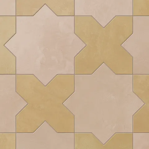 Star and cross shapes alternate in earth-drawn hues of beige with soft pink undertones and yellow-orange, finished as a matte porcelain tile with subtle cement-plaster texture and a powdery terracotta patina.