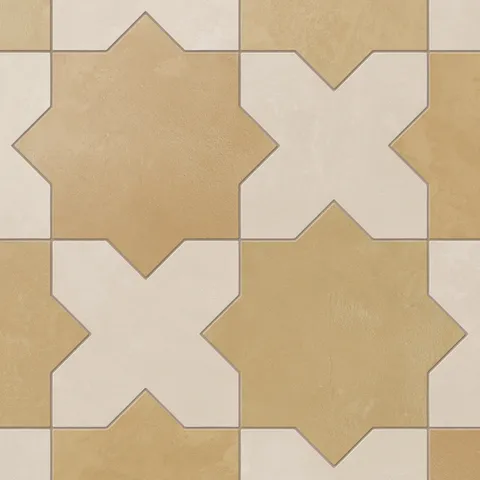 A repeating star and cross pattern brings yellow-orange and grayish-beige together on this porcelain tile, finished with a powdery matte surface and subtle cement-plaster texture reminiscent of handmade terracotta.
