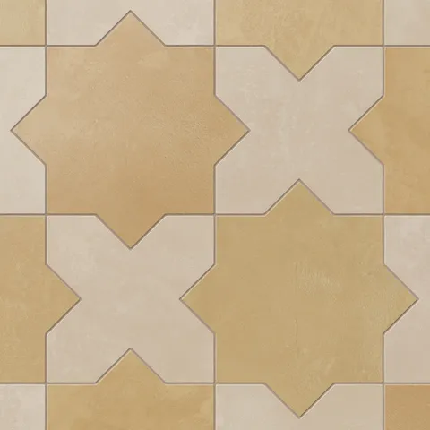 Star and cross shapes move naturally across this porcelain tile, blending yellow-orange and warm beige with a powdery matte finish and subtle cement-plaster texture inspired by handmade terracotta.
