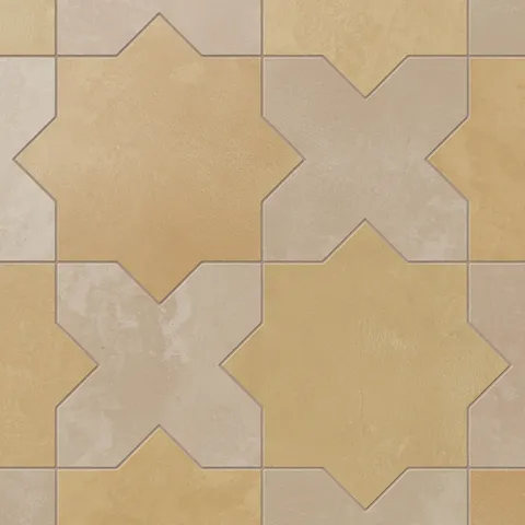 Yellow-orange star forms pair easily with light brown crosses on this porcelain tile, finished with a soft matte glaze and subtle cement-plaster texture that feels organic and gently time-worn.