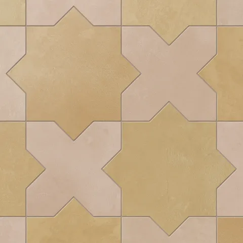 Yellow-orange star forms pair naturally with beige crosses featuring soft pink undertones on this porcelain tile, finished in a matte, powdery surface with gentle cement-plaster texture.