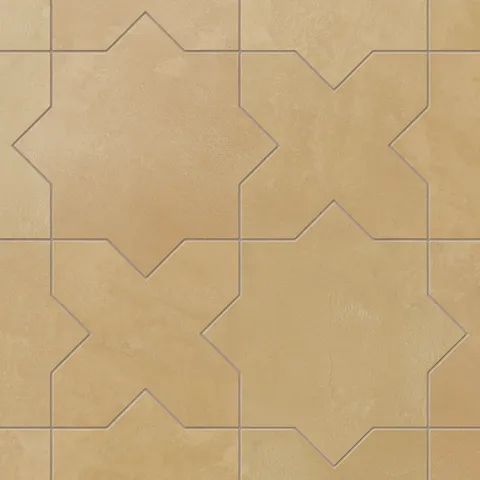 Star and cross patterned 11x11 porcelain tile in yellow-orange hues, finished with a matte surface and powdery glaze that suits rustic and Spanish-inspired spaces.