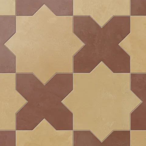 Star and cross shapes alternate in earth-drawn hues of yellow-orange and red, brought together in a matte porcelain tile with subtle cement-plaster texture and a soft terracotta-like patina.