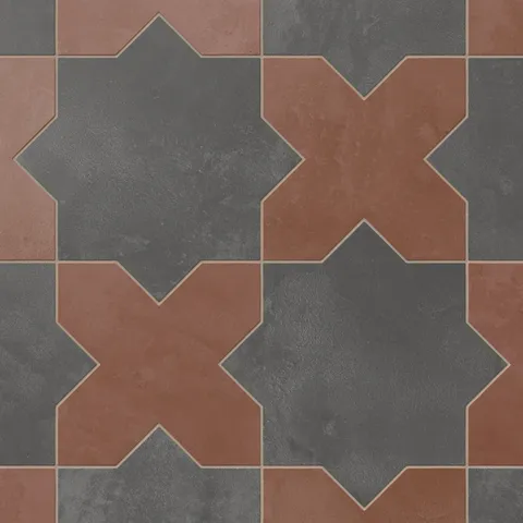 Dark gray stars and rust-red crosses create a relaxed, patterned rhythm in this matte porcelain tile, with subtle cement-plaster texture and a powdery glaze inspired by handmade terracotta.
