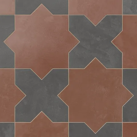 Alternating star and cross forms move across the surface, pairing red and dark gray tones to create a rhythmic pattern with a soft, powdery finish and historic character.