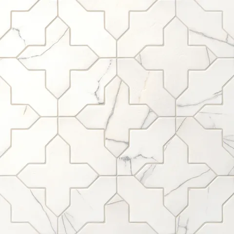 White 8x8 porcelain star and cross tiles form a clean, rhythmic layout, where fine gray veining and a matte surface soften the geometry.