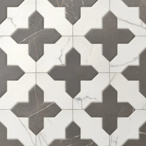 A repeating 8x8 star and cross tile pattern mixes white and dark gray tones, where gentle veining and a matte finish soften the geometry.